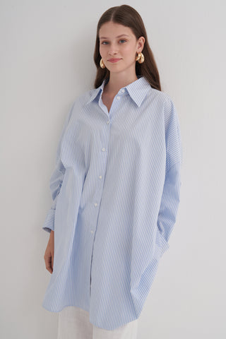 Çizgili Oversize Tunik - Mavi